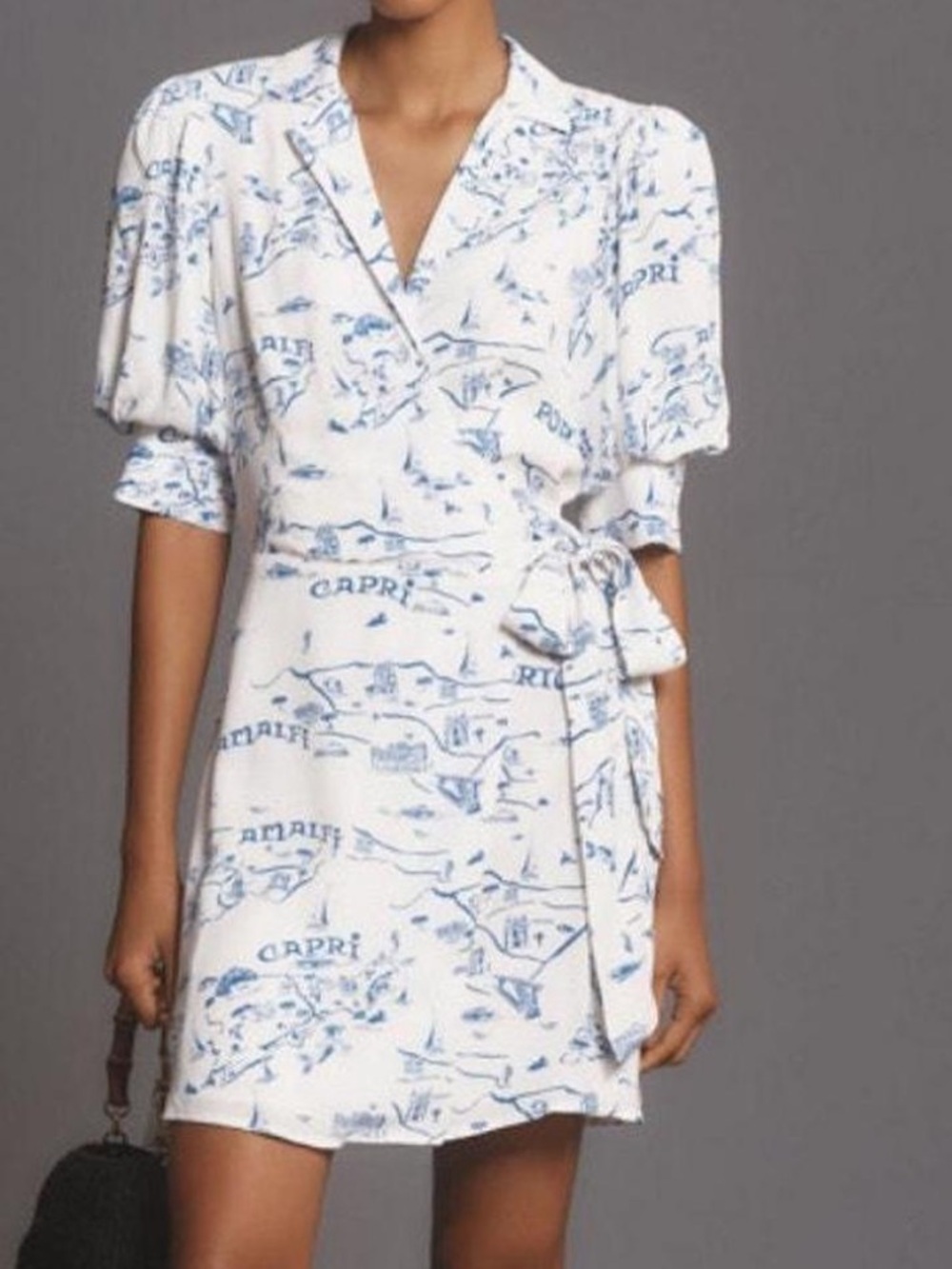 Maeve White Wrap Mini Dress with Blue Capri Print